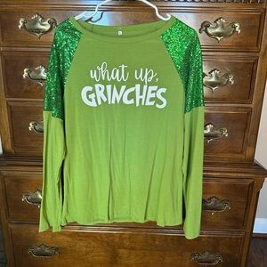 Green 'What Up, Grinches' Sequin Sleeve Top